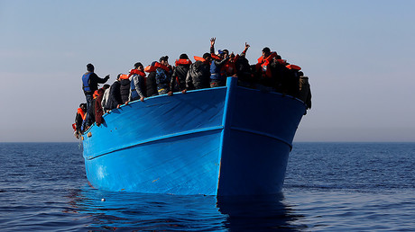 Migrants on a boat in international waters off the coast of Sabratha in Libya, April 15, 2017. © Darrin Zammit Lupi