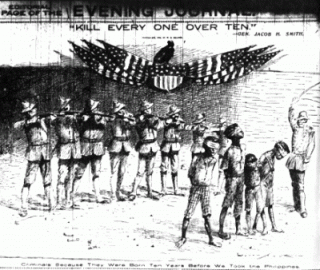 As US Empire spread beyond Manifest Destiny of the continent, the US war in the Philippines was an early victim. General Jacob H. Smith's infamous order in 1901 "Kill Everyone Over Ten" was the caption in the New York Journal cartoon on May 5, 1902. The Old Glory draped an American shield on which a vulture replaced the bald eagle. The caption at the bottom proclaimed, "Criminals Because They Were Born Ten Years Before We Took the Philippines" Gen. Smith ordered "I want no prisoners. I wish you to kill and burn; the more you kill and burn, the better it will please me... The interior of Samar must be made a howling wilderness..." Estimates of deaths in this massacre range from 2,000 to 50,000.