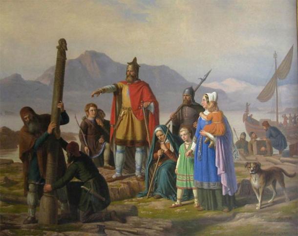 The painting depicts, the first settler of Iceland, newly arrived in Reykjavík. ( Haukurth / Public domain )