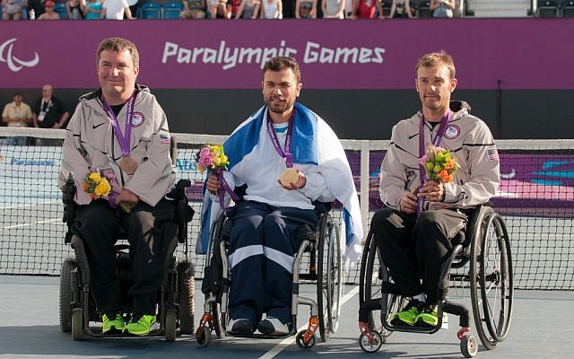 Noam Gershony (center) with his co-medalists at the London 2012 Paralympics (photo credit: Razi Livnat/courtesy IASP)