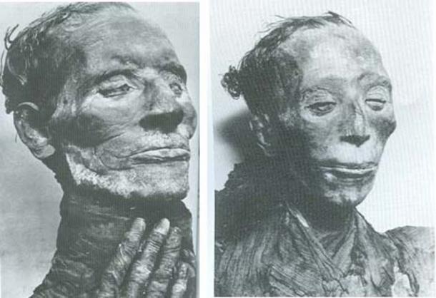 The mummies of Yuya (left), and to the right, Tuya. (Creative Commons Fair Use)