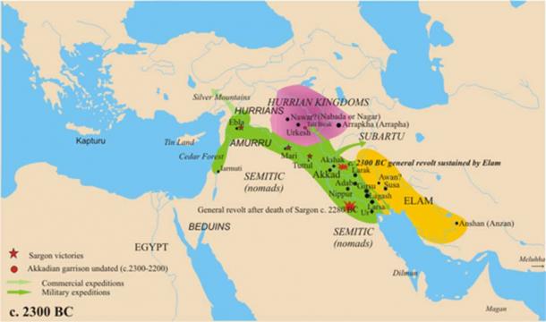 The approximate area of Hurrian settlement in the Middle Bronze Age is shown in purple