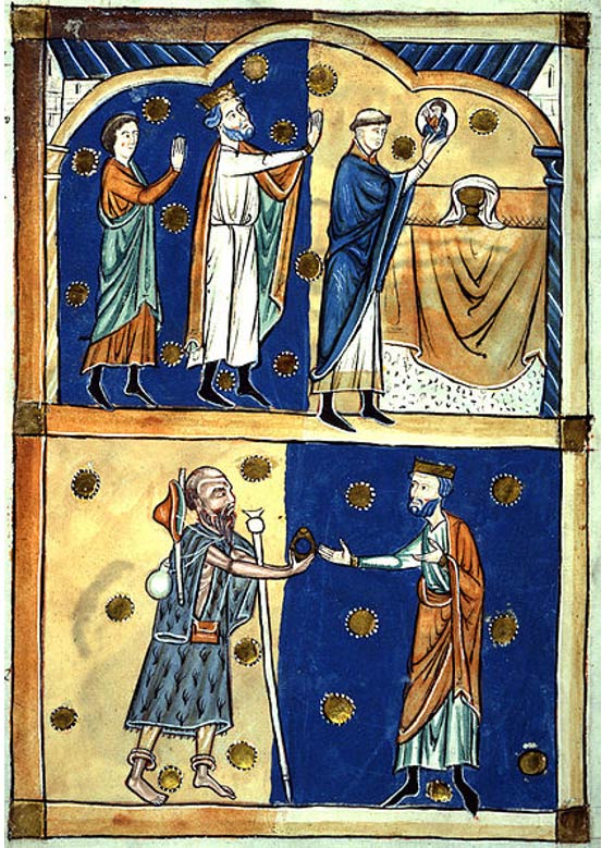 Page from a 13th century Abbreviatio (abridgement) of Domesday Book. Above King Edward the Confessor and Earl Leofric of Mercia see the face of Christ appear in the Eucharist wafer and below the return of a ring given to a beggar who was John the Baptist in disguise. 