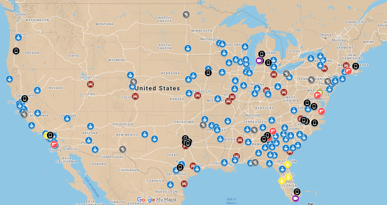 A map of the United States with icons marking various surveillance technologies.