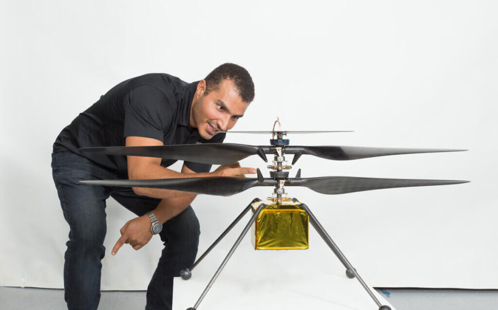 Loay Elbasyouni with the Ingenuity Mars Helicopter