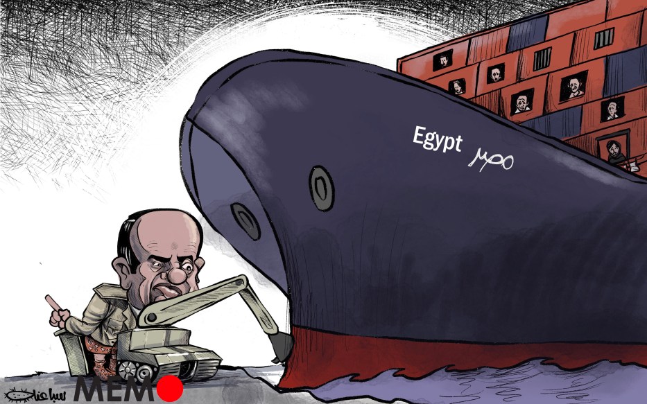 The Suez Canal crisis - Cartoon [Sabaaneh/MiddleEastMonitor]
