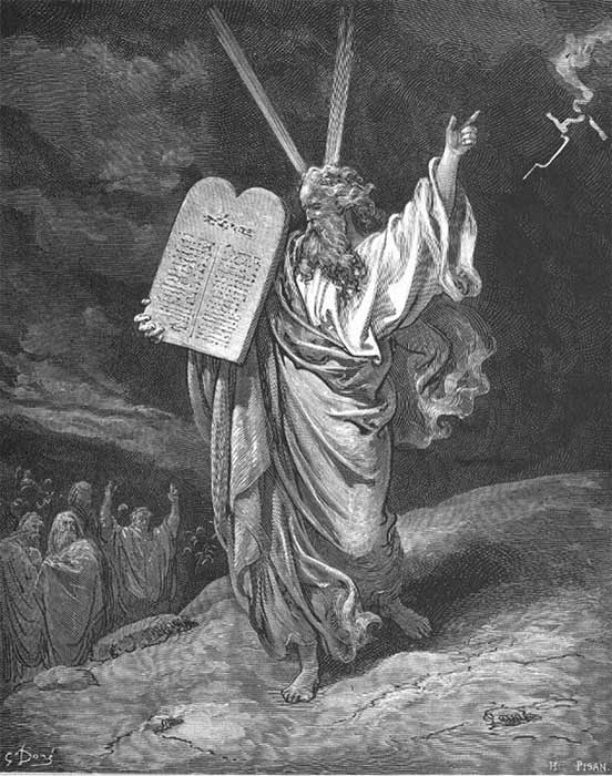 Moses Comes Down from Mount Sinai, by Gustave Doré, (1866.) An example of the integration of the ideas of horns and light rays into literal “horns of light rays”(Public Domain)