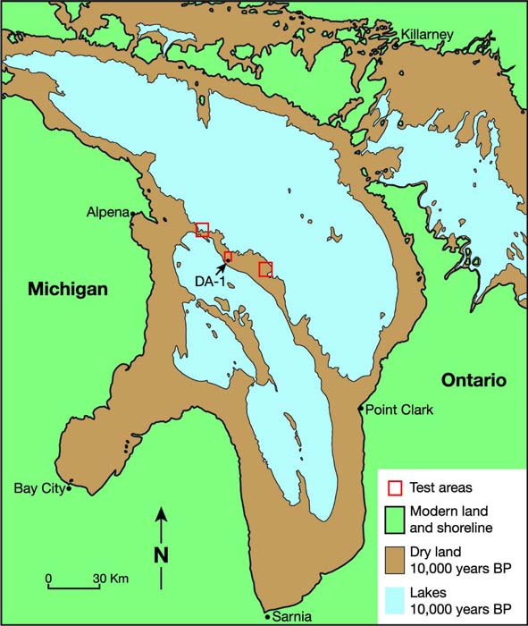 Map of the Lake Huron Basin. Areas shaded in green represent the modern coast and land surface; brown areas represent dry land during the Lake Stanley lowstand, and blue represents the location of the lakes at approximately 10,000 years ago. Red rectangles represent areas where archaeological research has been conducted. The location of the obsidian finds, sample DA-1, is indicated. (PLOS ONE)