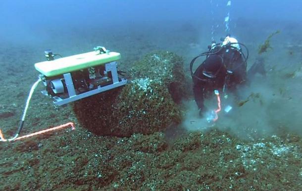 Diver and MSU alum Tyler Schultz and 'Jake' the ROV collect samples in central Lake Huron, where the obsidian flakes were found. (John O’Shea / University of Michigan Museum of Anthropological Archaeology)