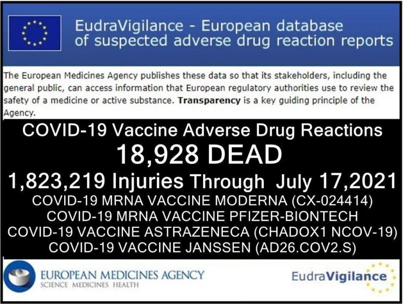 latest eu database of adverse drug reactions for covid 19 shots 18,928 dead, 1.8 million injured (50% serious)