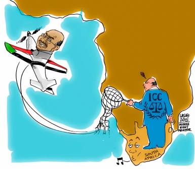 Defying the ICC, Sudan's Omar Al-Bashir flies out of South Africa - Cartoon [Cartoon Latuff/MiddleEastMonitor]