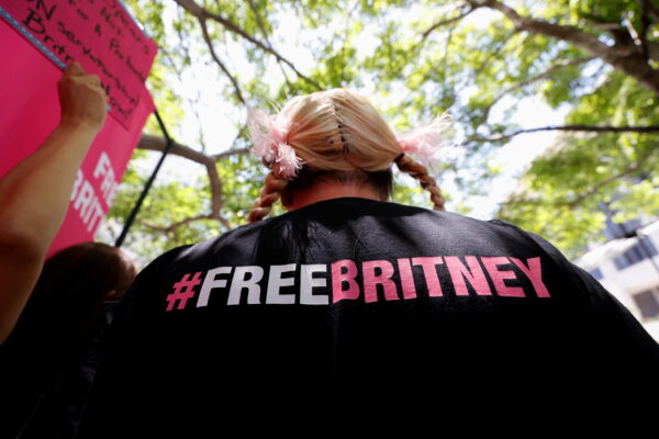 A person protests in support of pop star Britney Spears