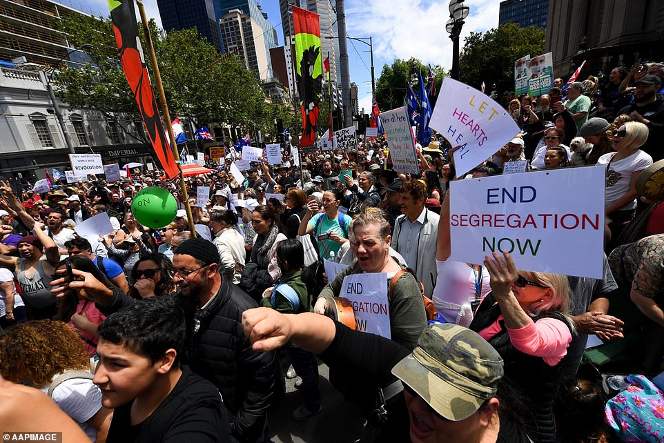The 'freedom rallies' have already kicked off in the NSW and Victoria capital cities with more demonstrations on the way in 11 other cities on Saturday (pictured, Melbourne)