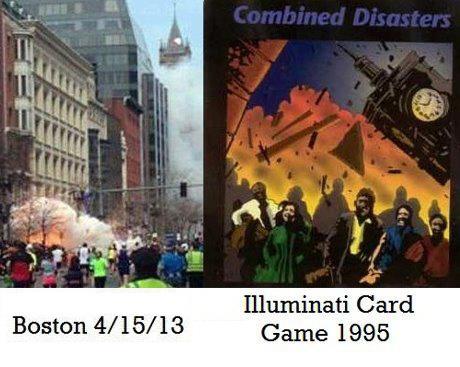 Illuminati game card with Boston clock-tower and explosion! 