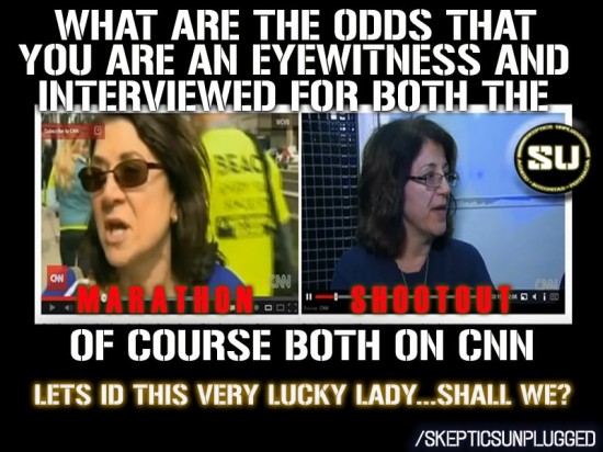 Woman is an eyewitness to both the Boston 'Bombing' and 'Suspect' 'Shootout' AND she is interviewed on CNN for both.
