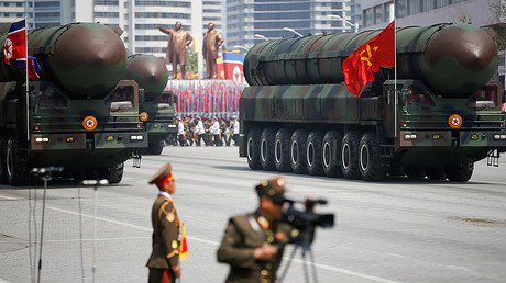 Intercontinental ballistic missiles (ICBM) are seen during a military parade in Pyongyang April 15, 2017. © Damir Sagolj 