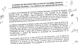 Preliminary agreement between the government and the ELN signed on March 31, 2016 in Caracas, Venezuela.