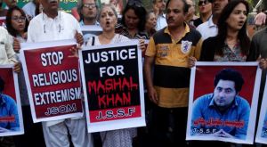 On April 22 people demonstrated in Karachi to condemn the killing of Mashal Khan, accused of blasphemy and murdered on his campus by other students. Akhtar Soomro/Reuters (Der)
