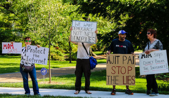 Net neutrality protesting outside of Ajit Pai's home on May 14, 2017. By Anne Meador, DC Media Group.