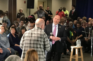 IGOR BOBIC / HUFFPOST At Wednesday’s town hall, Rep. Tom MacArthur insisted that no one with pre-existing conditions will be declined coverage or not be able to afford coverage under the GOP bill.