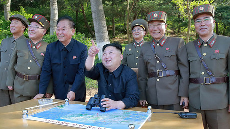 North Korean leader Kim Jong Un inspects the intermediate-range ballistic missile Pukguksong-2's launch test, May 22, 2017 © AFP