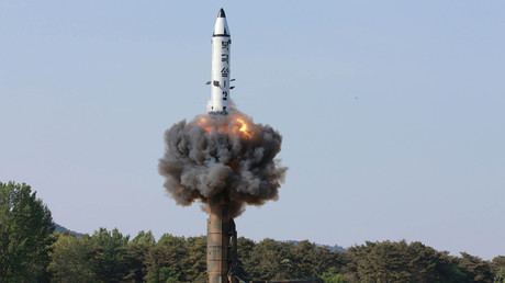 The scene of the intermediate-range ballistic missile Pukguksong-2's launch test © KCNA 