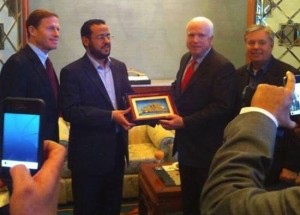US Senator John McCain hobnobbing with Abdelhakim Belhadj, leader of the Libyan Islamic Fighting Group. 