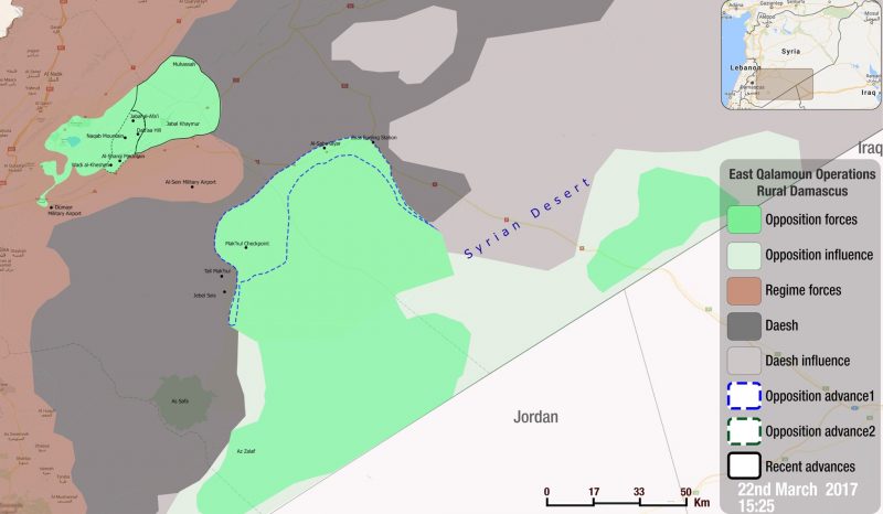 An FSA-generated map of the various factions positioned in east Qalamoun, along the Jordanian border. (Photo: Twitter @FSAPlatform)