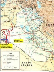 ISIS routes to Syria via Al-Anbar since 2012. Map Plottings: Red, Agha H. Amin. Blue, Christof Lehmann.