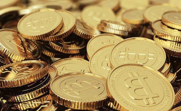 Bitcoin coins in a pile