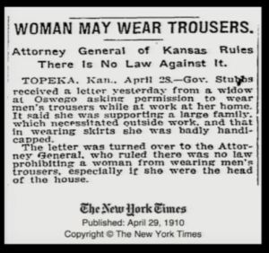 NYT_Kansas_USA_Women allowed to wear trousers_1910
