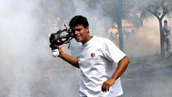 Leopoldo Lopez holds a gas mask while participating in the 2002 coup against Hugo Chavez. (Archive photo)