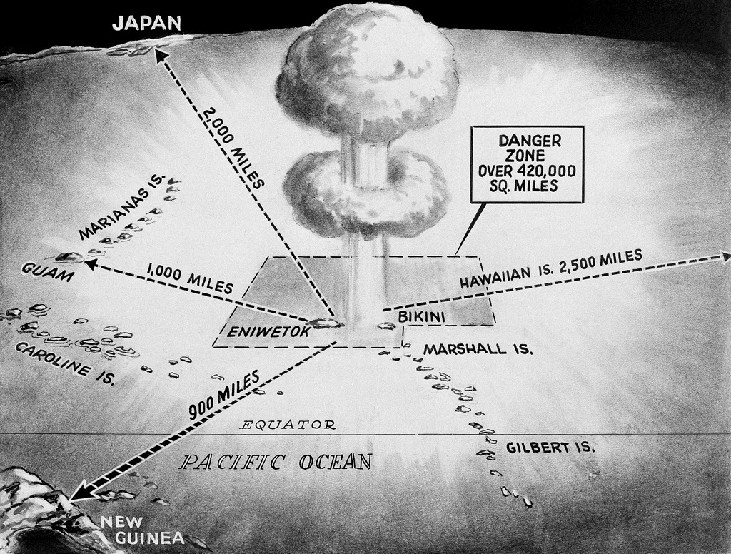 This drawing from 1956 shows the area in which the United States’ spring H-bomb tests will took place in the Pacific Ocean. The distance of the islands with the danger zone are noted, including Eniwetok and Bikini from Japan, Guam, New Guinea and Hawaii (AP/Ed Gunder)