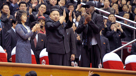 North Korean leader Kim Jong-Un (C), his wife Ri Sol-Ju (L) and former NBA basketball player Dennis Rodman © Reuters 