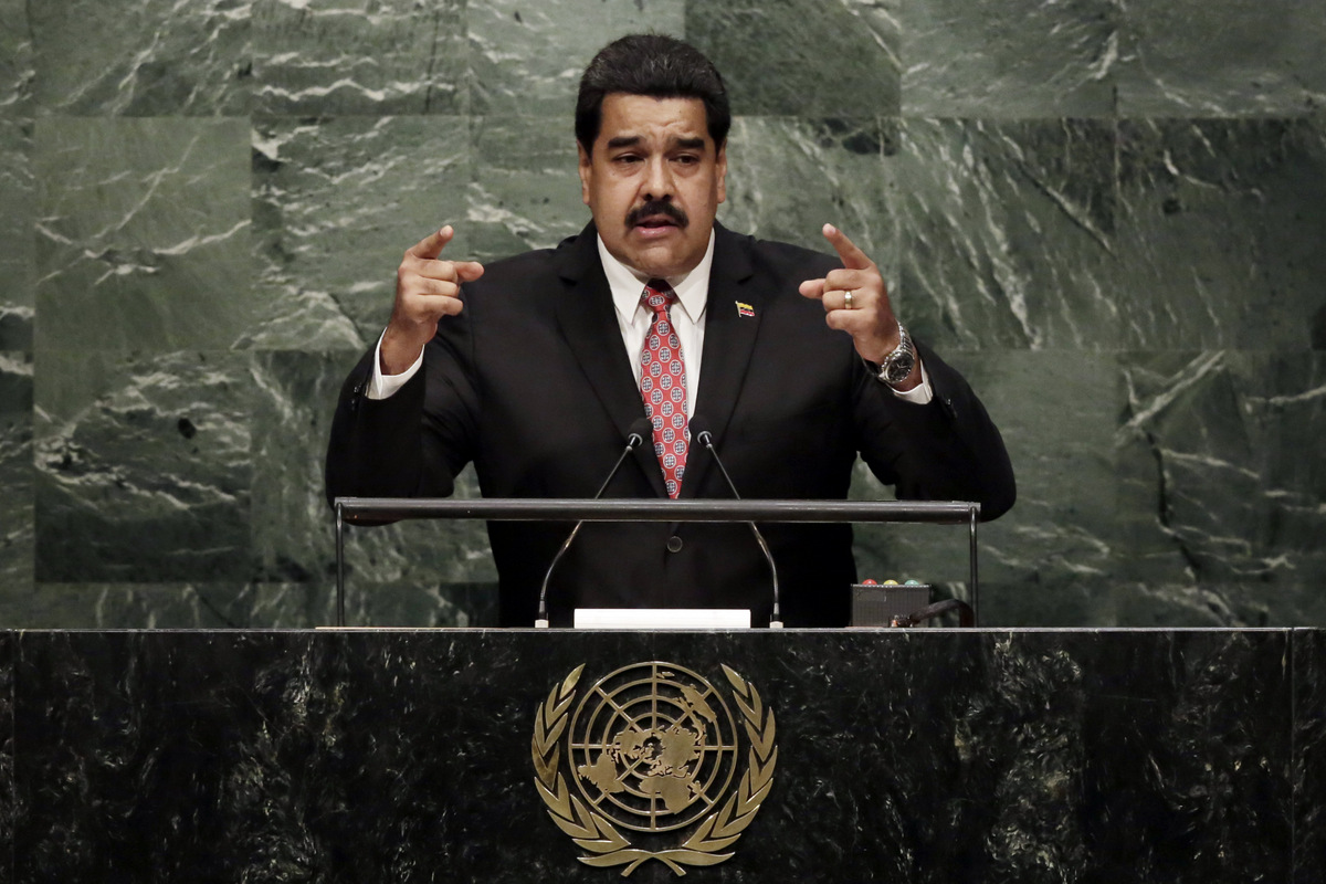 Venezuela's President Nicolás Maduro Moros addresses the 70th session of the United Nations General Assembly, at U.N. Headquarters, Tuesday, Sept. 29, 2015. (AP Photo/Richard Drew)