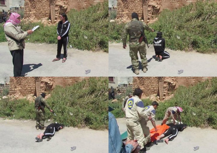 Execution attended by White Helmets, where they performed a mop-up operation for Nusra Front fighters in Haritan, North Aleppo, Syria, May, 2015. (Image: Vanessa Beeley)