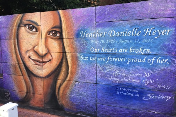 A mural dedicated to Heather Heyer, who was murdered by a white supremacist during the Unite the Right rally in August 2017, Charlottesville, Virginia. (Natasha Roth)