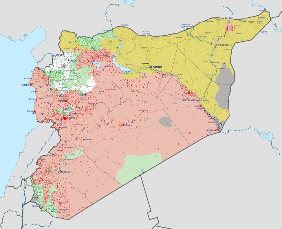 Map of the Syrian Civil War, as of late 2017. The yellow area shows territory which are de facto controlled by Kurdish forces and their allies. The red outlines territory controlled by the Syrian government.