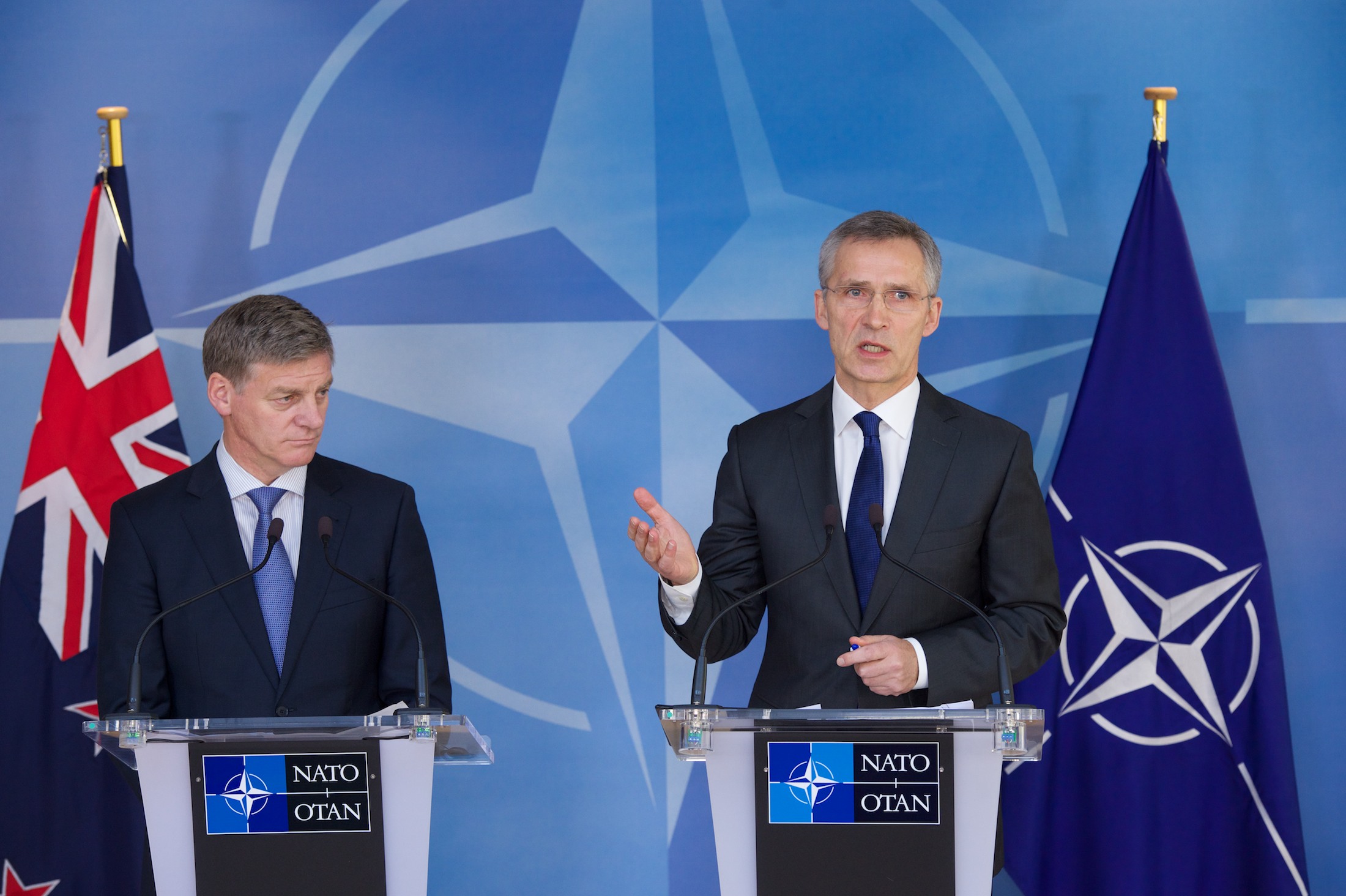Joint press point with NATO Secretary General Jens Stoltenberg and the Prime Minister of New Zealand, Bill English. (Photo: NATO)