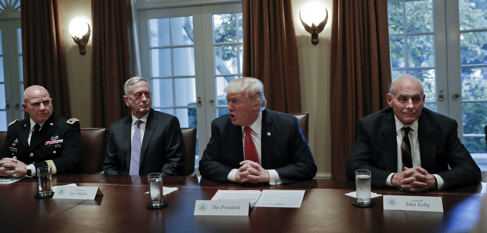 President Donald Trump speaks during a briefing with senior military leaders in the Cabinet Room of the White House in Washington, Oct. 5, 2017. Sitting with Trump from left, National Security Adviser H.R. McMaster, Defense Secretary Jim Mattis, and White House Chief of Staff General John Kelly. (AP/Pablo Martinez Monsivais)
