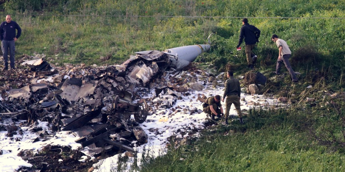 Debris is scattered from a downed Israeli F-16 which was shot down by Syria following an Israeli incursion into Syrian airspace. The jet was downed near Harduf, in northern Israel, Saturday, Feb. 10, 2018. (Reuters)