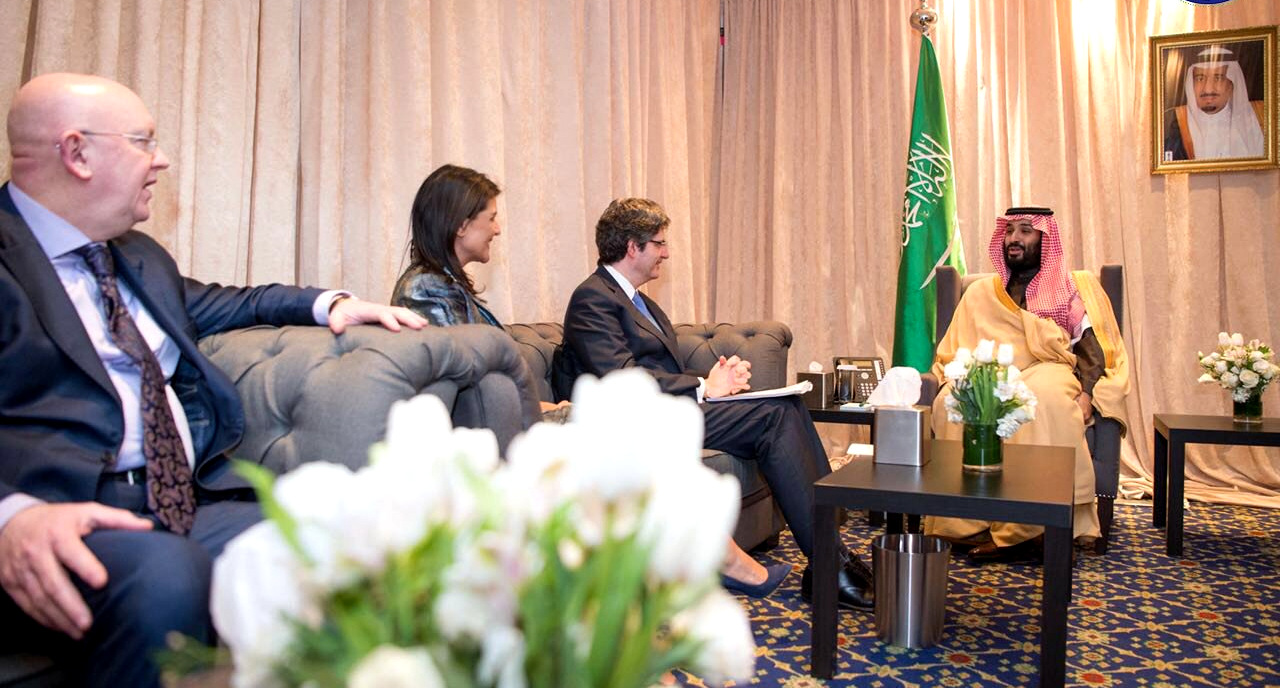 Mohammed bin Salman meets with US Ambassador to the United Nations, Nikki Haley and Representatives of Permanent Members of the UN Security Council, March 30, 2018. (Photo: Saudi Press Agency)