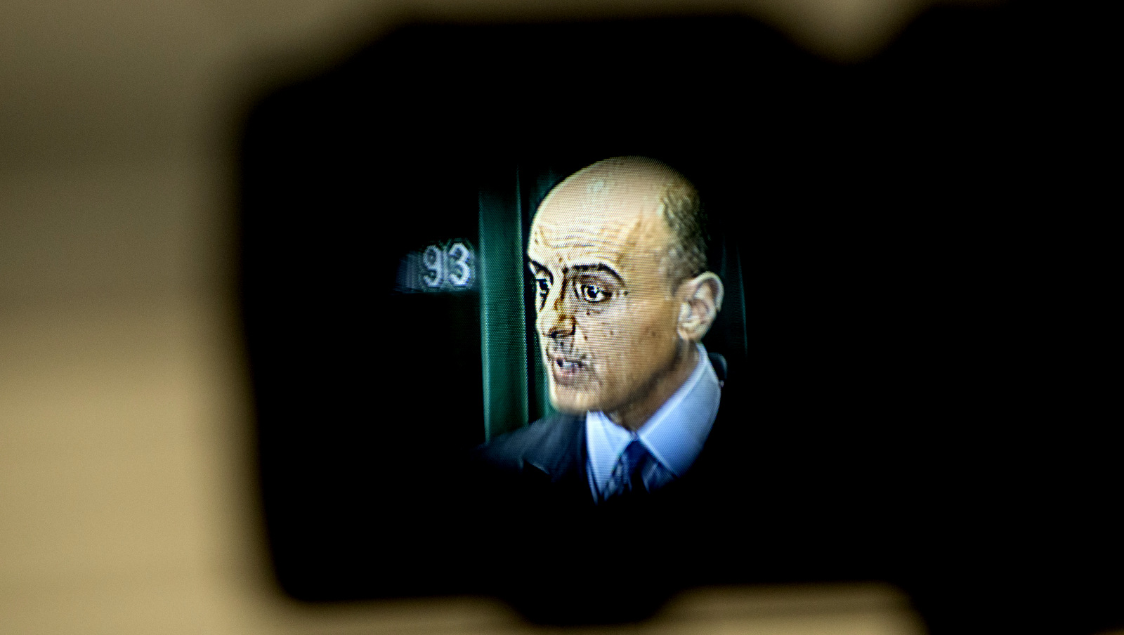 Seen in a video camera viewfinder, Saudi Arabian Ambassador Adel Al-Jubeir speaks about the Saudi military campaign in Yemen during a news conference at the Saudi Embassy in Washington, April 22, 2015. (AP/Jacquelyn Martin)