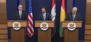US Ambassador to Iraq Douglas Silliman, KRG Deputy Prime Minister Qubad Talabani, and US State Department official John Lister speak at a joint press conference in Erbil, Kurdistan Region, on March 12, 2018. Photo courtesy Rudaw TV 