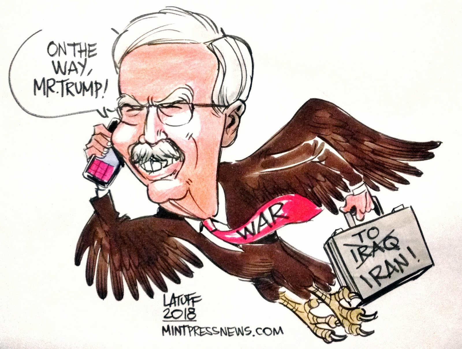 John Bolton the War Hawk, an editorial cartoon by Carlos Latuff for MintPress News.