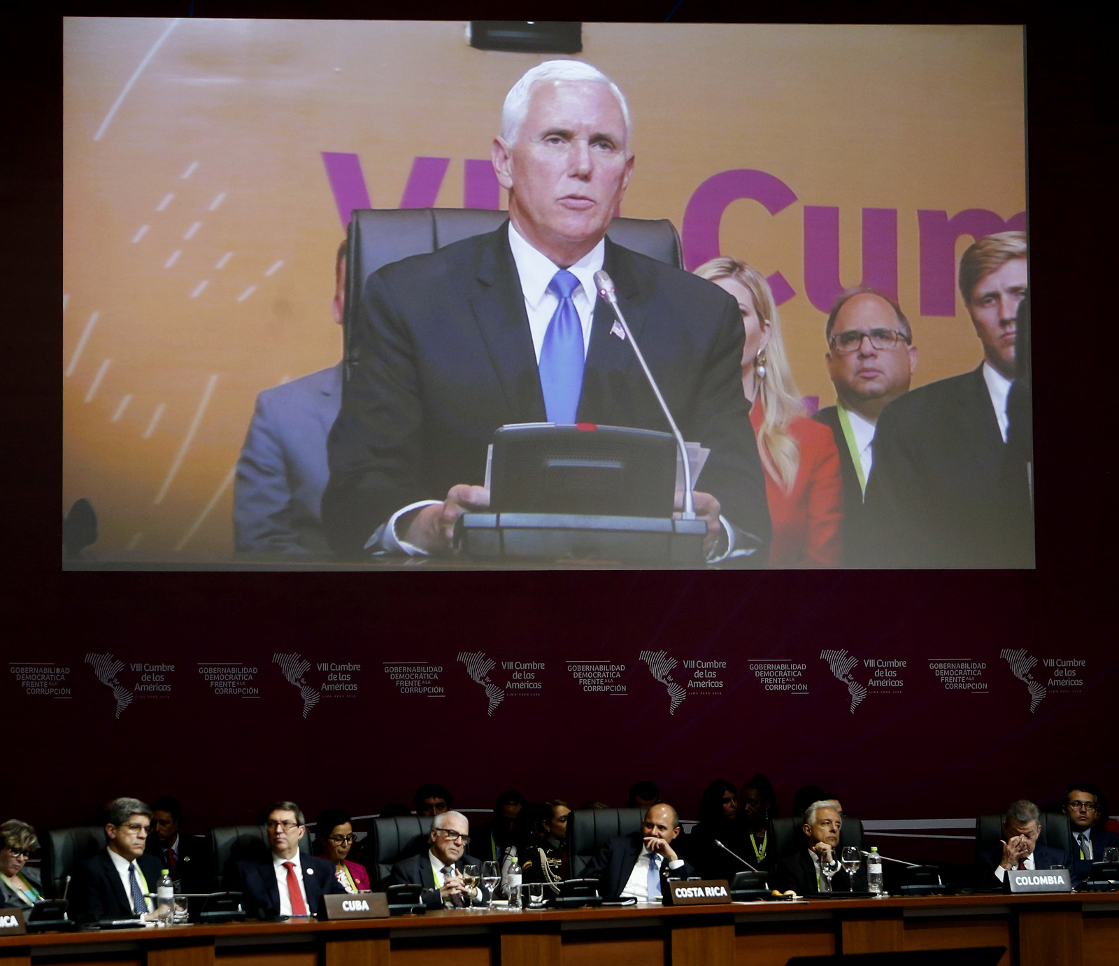 U.S. Vice President Mike Pence speaks at the plenary session of the Americas Summit in Lima, Peru, April 14, 2018.(AP/Karel Navarro)