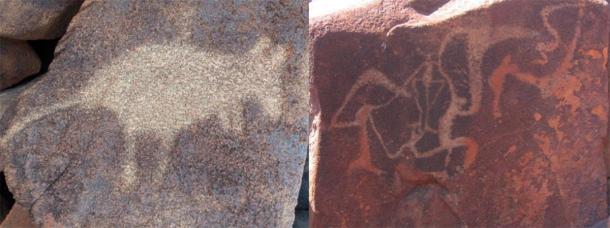 Aboriginal art in the region (Burrup rock art). (Left; Jussarian / CC BY-SA 2.0 Right; Tradimus / CC0)