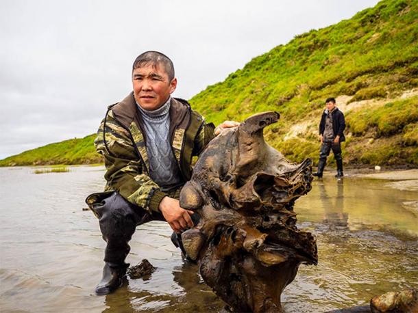Part of the recently found Siberian mammoth remains and two members of the local indigenous community that first spotted the find. (Image: Artem Cheremisov / Siberian Times)