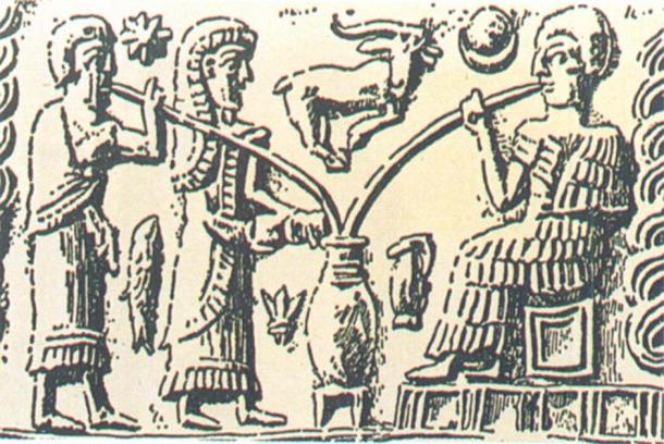 The oldest depiction of beer-drinking shows people sipping from a communal vessel through reed straws. (Brauerstern)