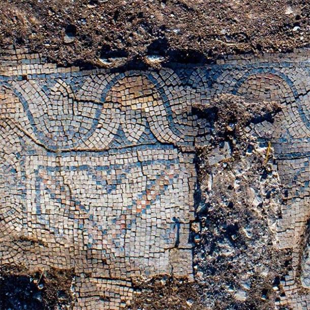 Mosaic floor of 1,300-year-old church in the village of Kfar Kama, near the Mount of Transfiguration. (Alex Wiegmann, Israel Antiquities Authority)